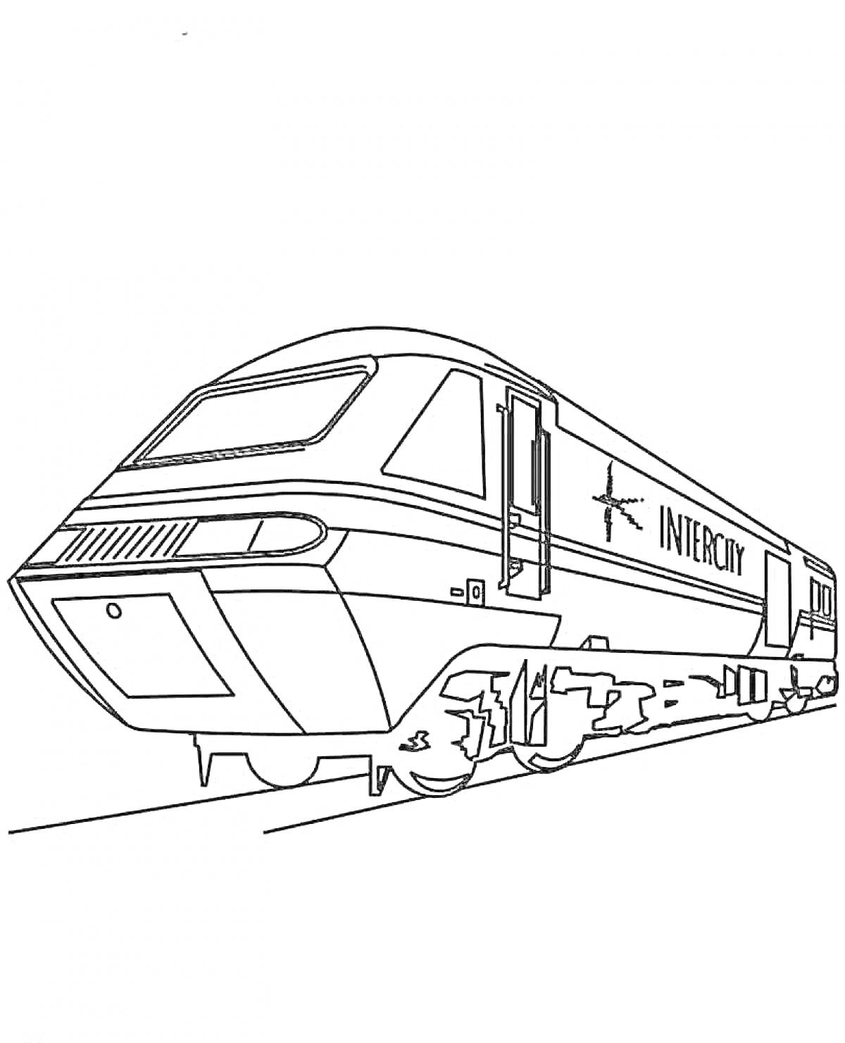 На раскраске изображено: Поезд, Железная дорога, РЖД, Локомотив, Вагоны, Транспорт, Поездка, Железнодорожные пути