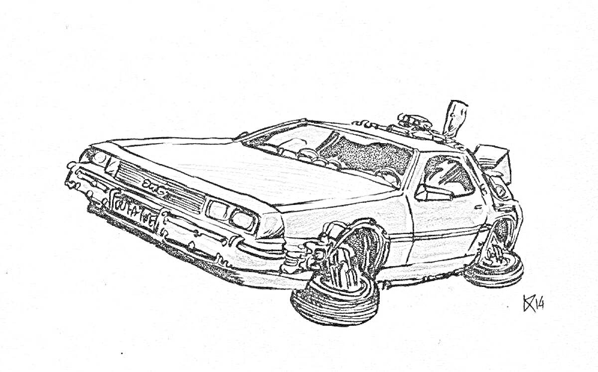 Раскраска Делориан, автомобиль с раскладывающимися колесами, научно-фантастический автомобиль, вид сбоку