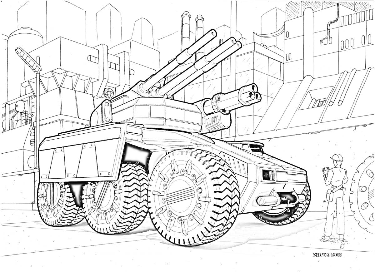 Раскраска Военный монстр танк с шестью колесами, пушками и вооружением на фоне заводских строений, рядом находится человек, держащий планшет