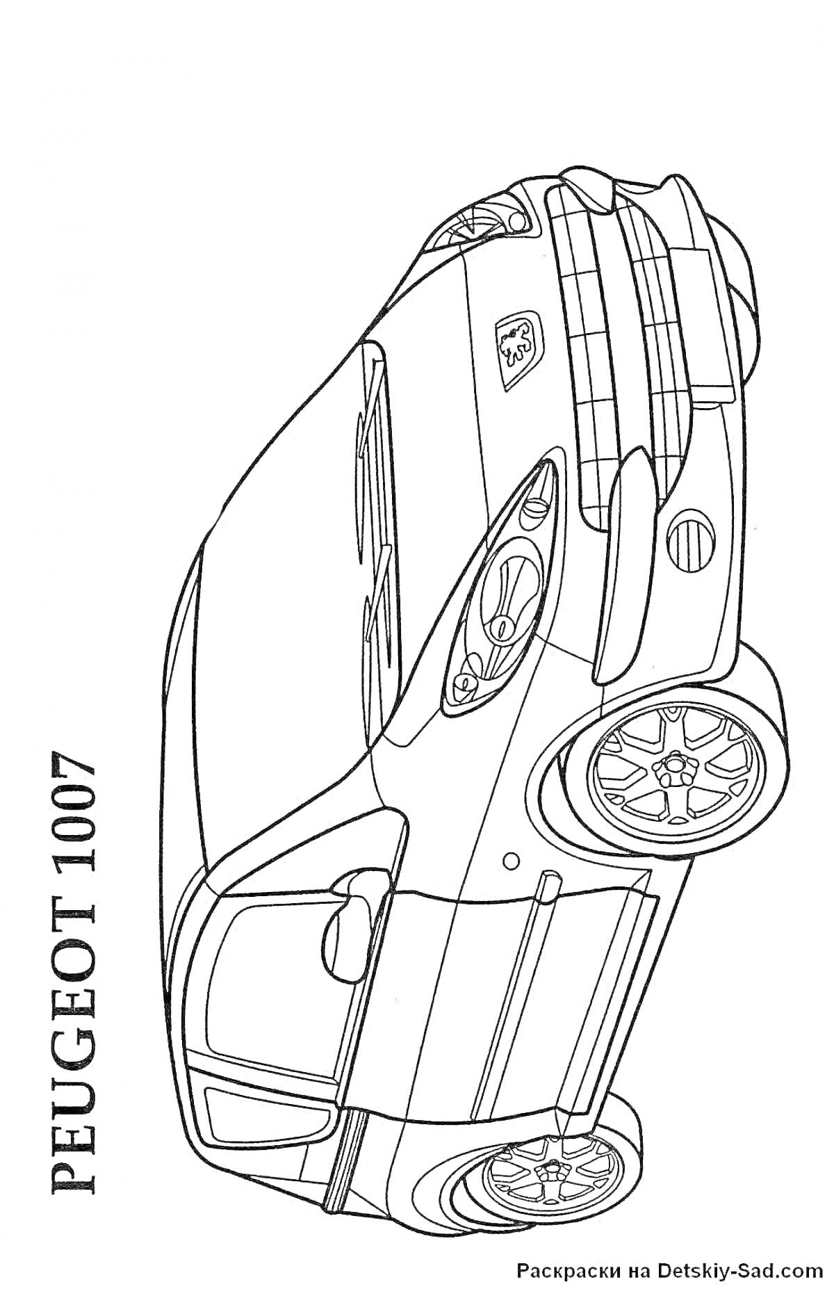 Раскраска Раскраска автомобиля Peugeot 1007 вид сбоку с передней и задней дверью, колёсами, окнами и зеркалами
