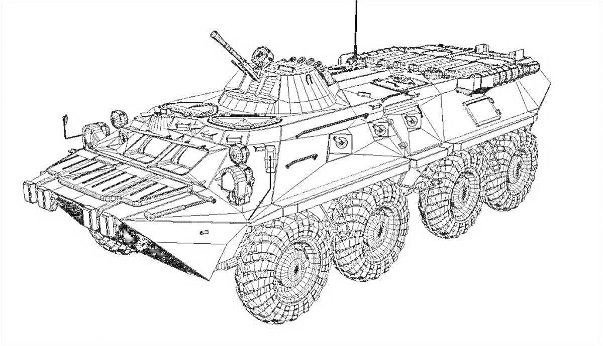 На раскраске изображено: БТР, Военная техника, Бронетранспортер, Колёса, Пулемет, Фары, Броня