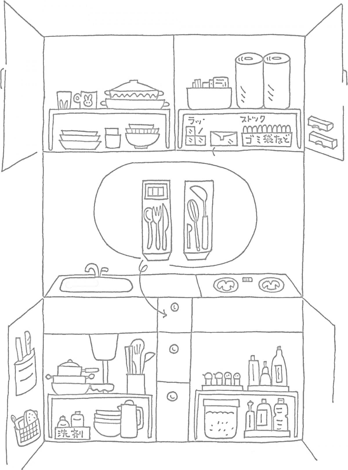 На раскраске изображено: Кухня, Хранение, Посуда, Полки, Ящики, Кастрюли, Столовые приборы