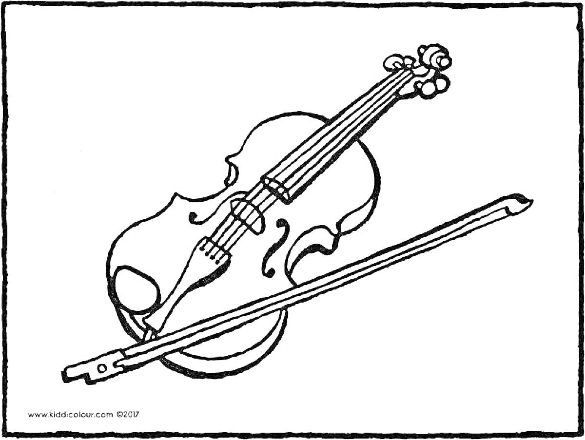 На раскраске изображено: Скрипка, Смычок, Музыкальный инструмент, Классическая музыка, Струнный инструмент, Контурные рисунки