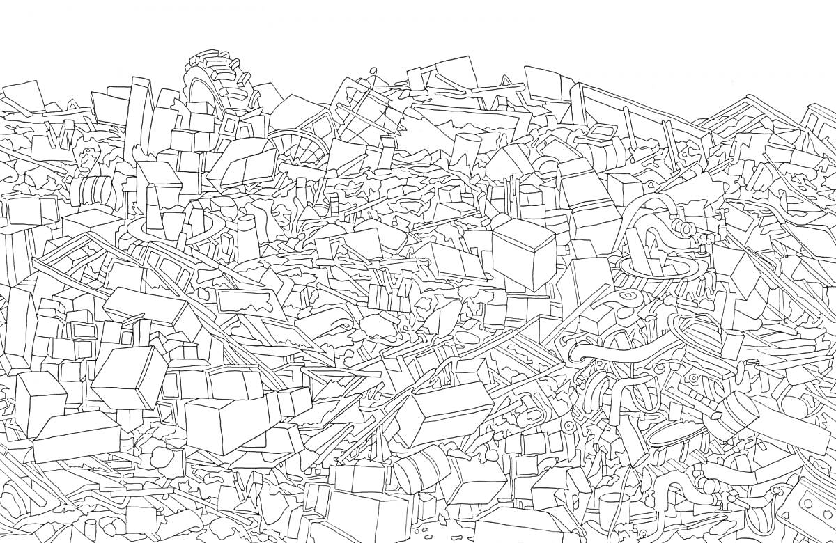 Раскраска Полигон с мусором, строительными отходами и старым оборудованием