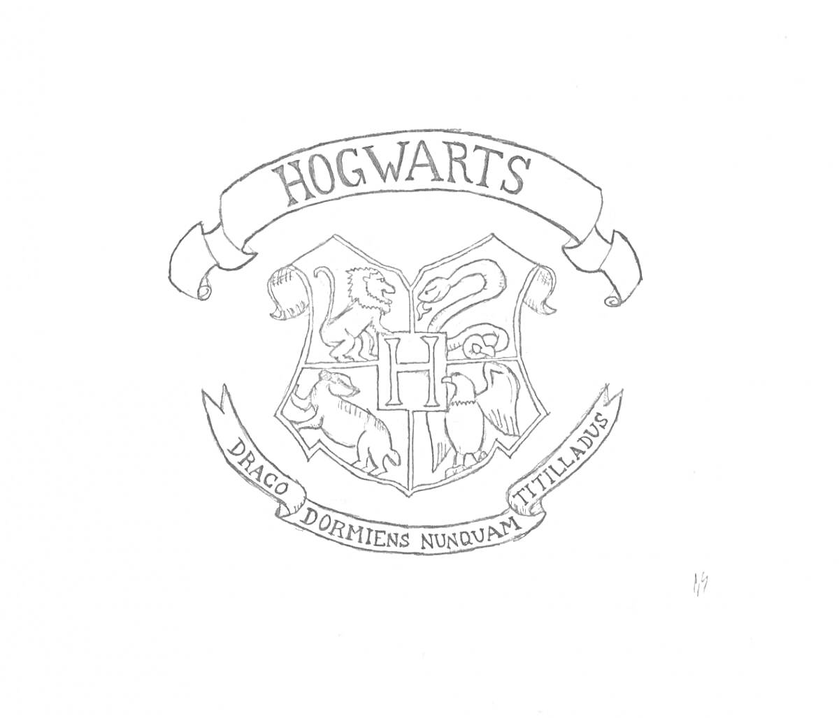 На раскраске изображено: Хогвартс, Магия, Волшебство, Гарри Поттер, Школа чародейства, Факультеты, Девиз