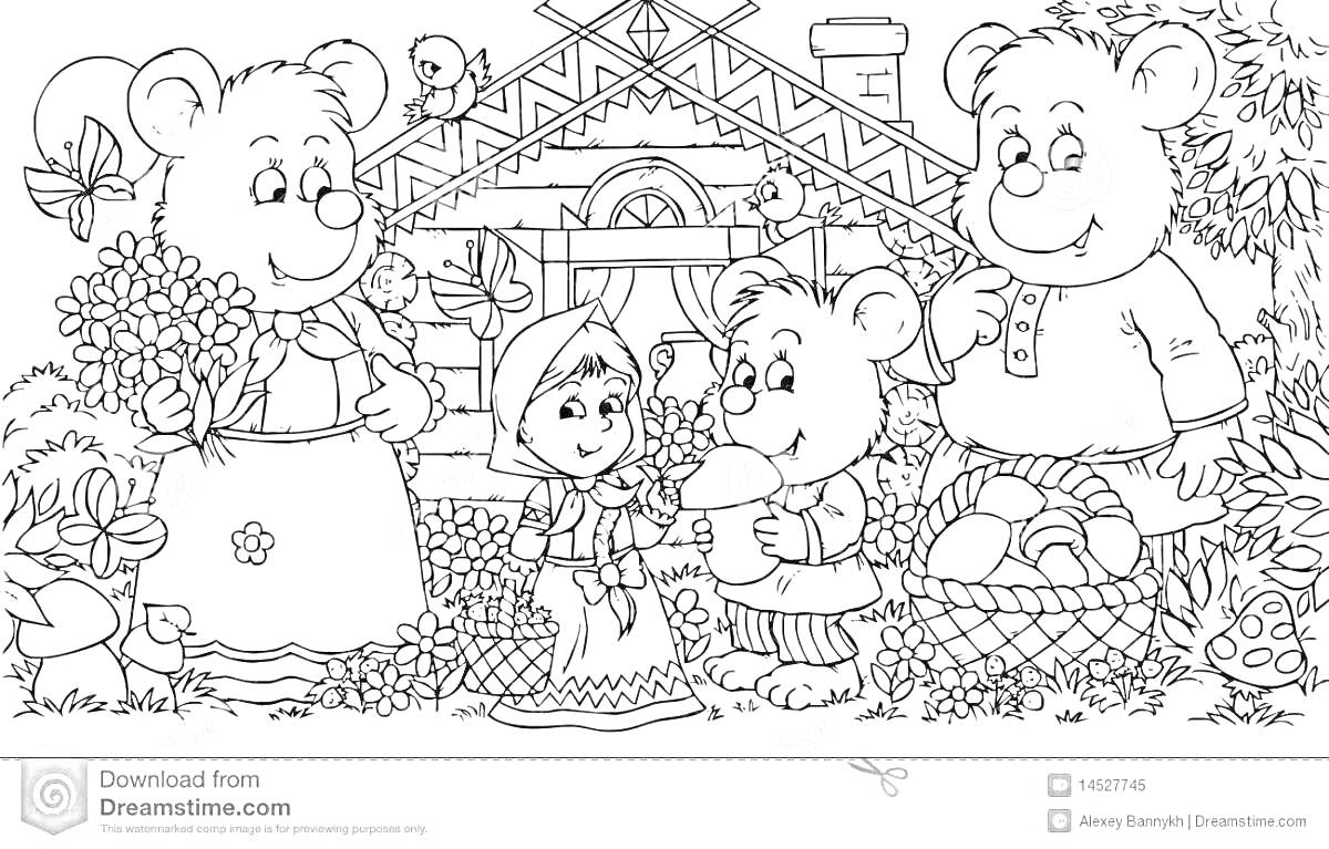 На раскраске изображено: Три медведя, Девочка, Лес, Корзина, Домик, Цветы