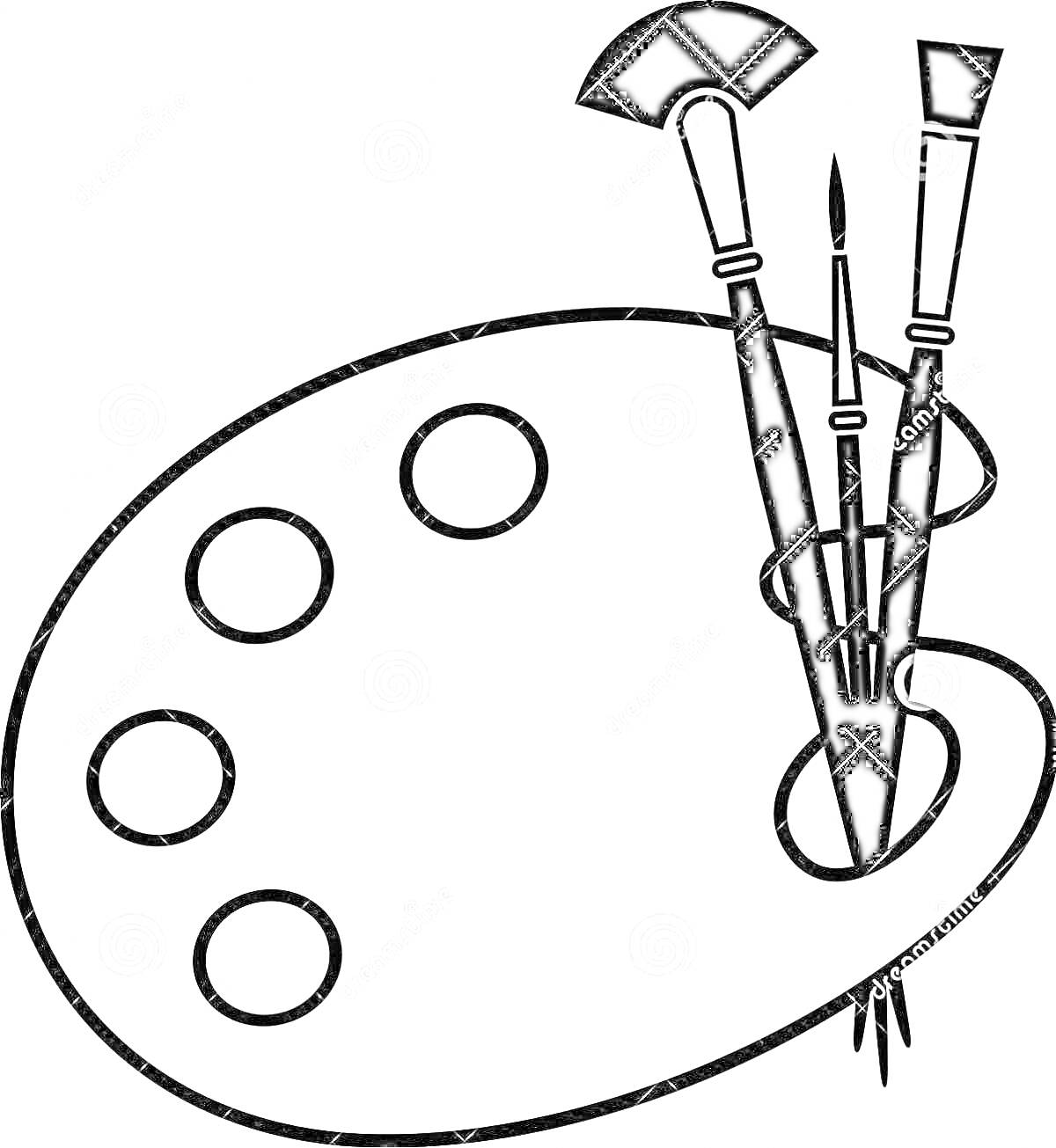 На раскраске изображено: Арт, Палитра, Краски, Кисти, Художник