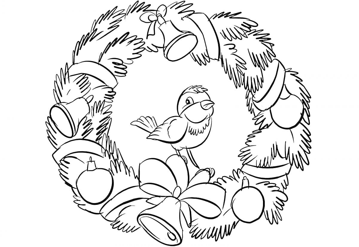 Раскраска Венок рождественский с лентами, колокольчиками, шариками и птицей