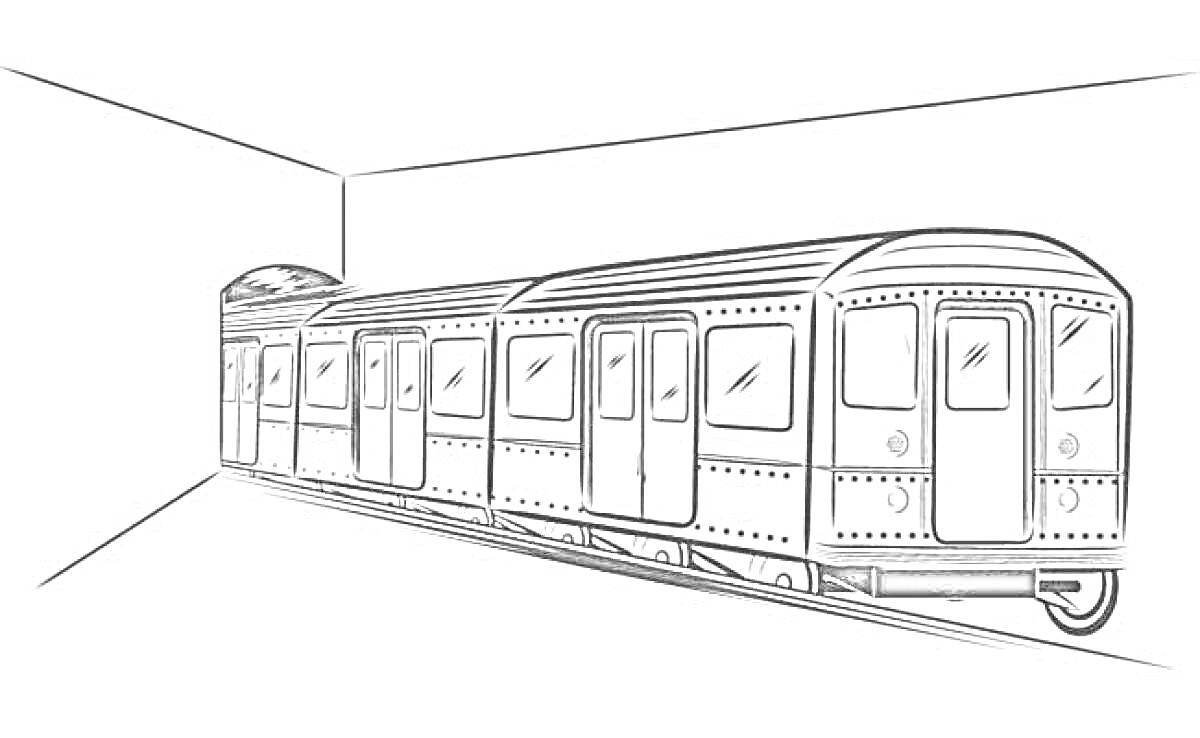 На раскраске изображено: Метро, Поезд, Станция, Железная дорога, Транспорт, Рельсы, Линии, Вагоны