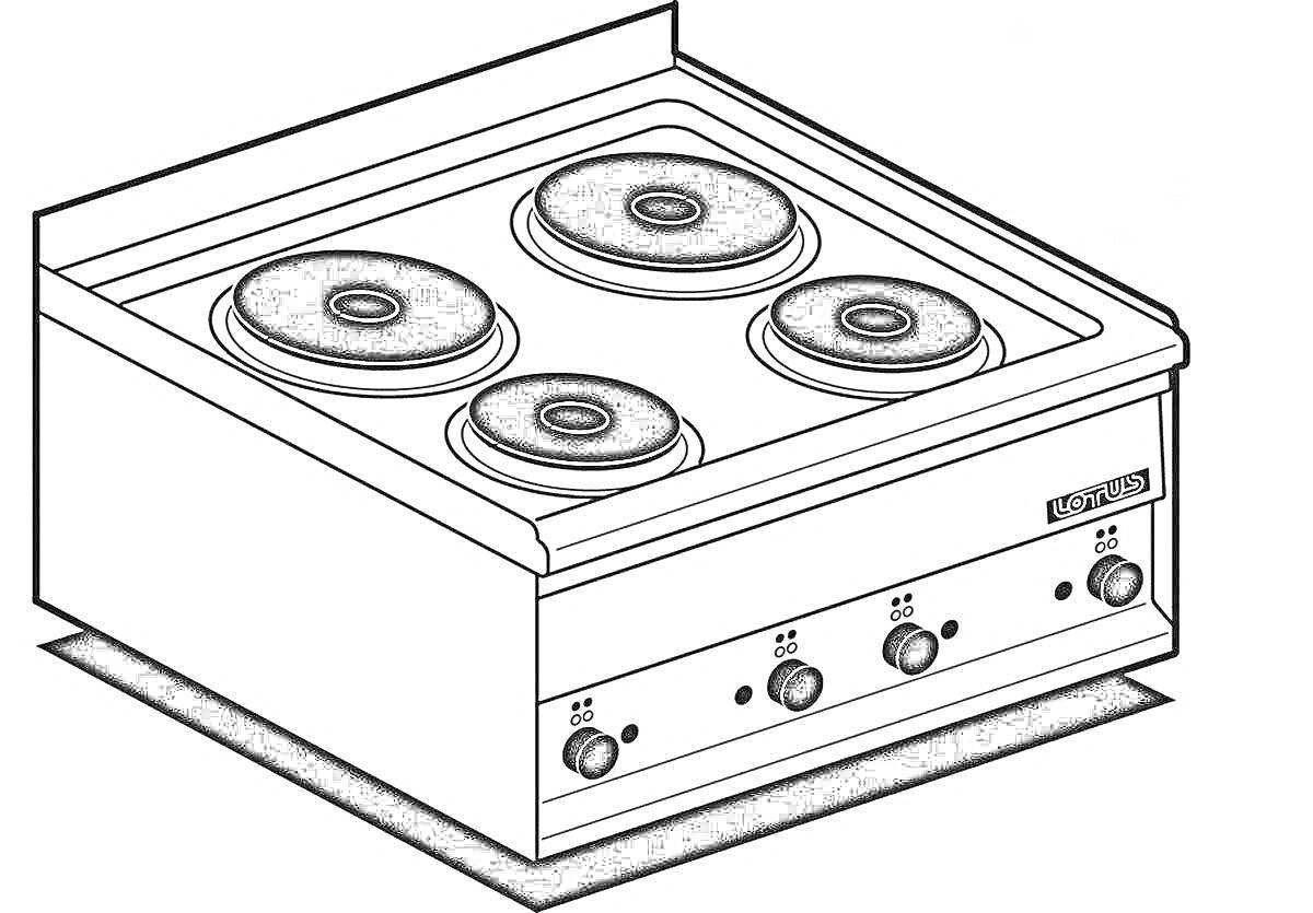 Раскраска Кухонная плита с четырьмя конфорками и панелью управления с четырьмя ручками