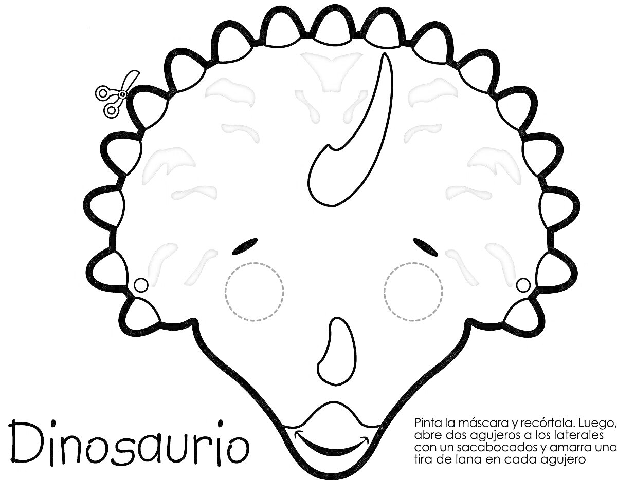Раскраска раскаска маска динозавра с рогом, с отметками для вырезания и отверстием для носа, текст на испанском языке 