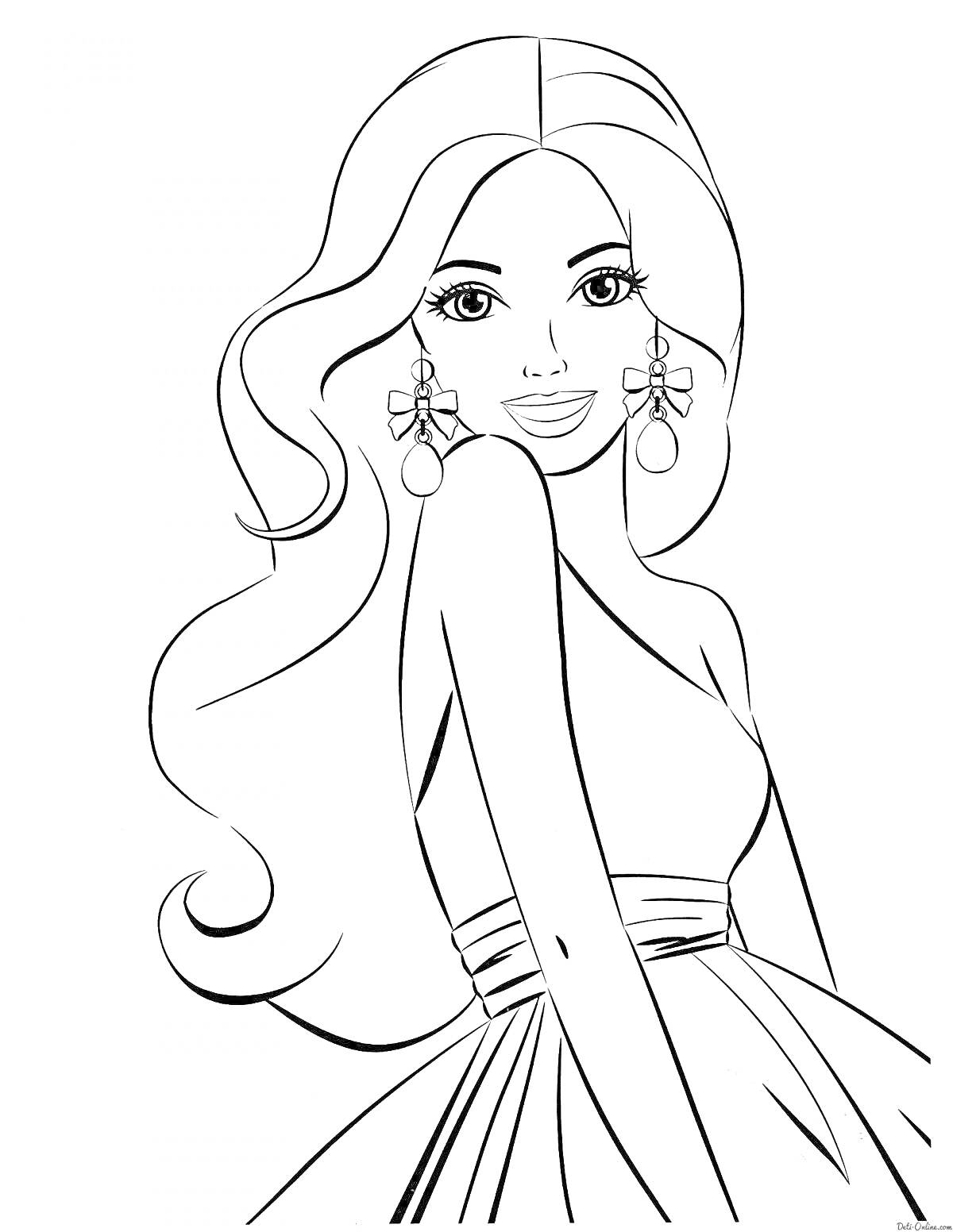 Раскраска Барби с длинными волосами в вечернем платье и крупными серьгами