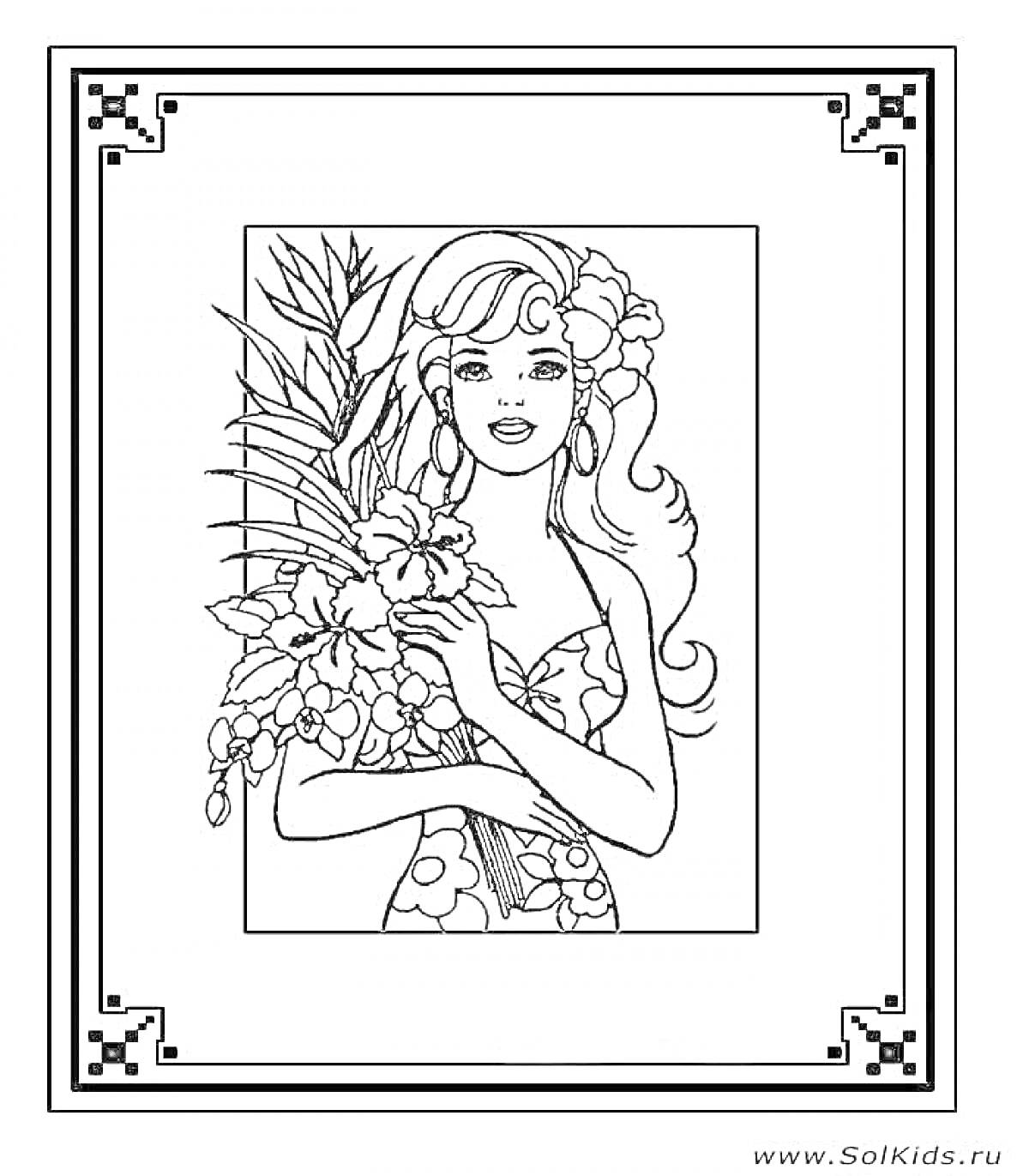 Раскраска Девушка с длинными волосами, в платье с цветочным узором, с большим букетом цветов, декоративная рамка