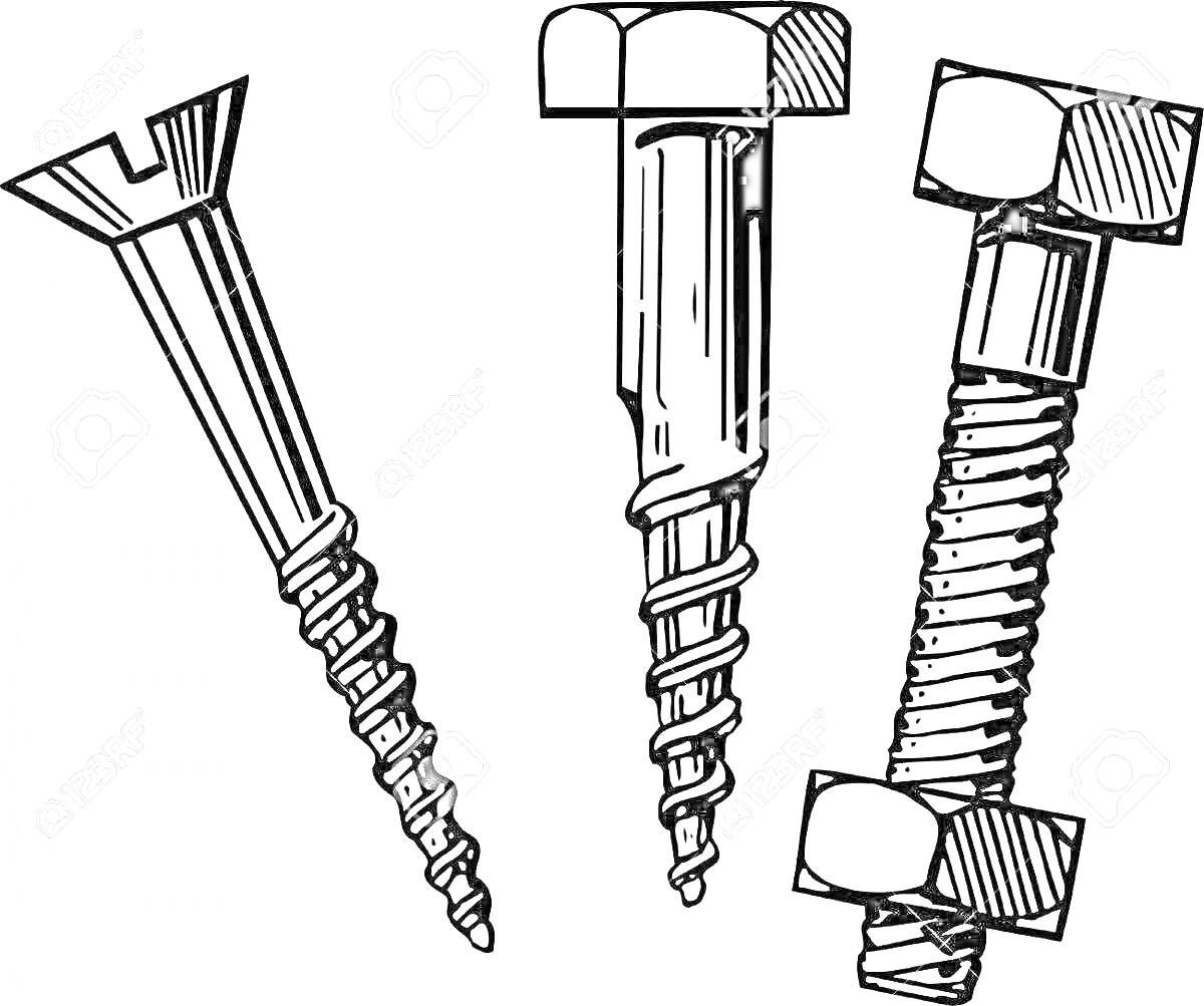 На раскраске изображено: Винт, Гайка, Инструмент, Ремонт, Чертежи