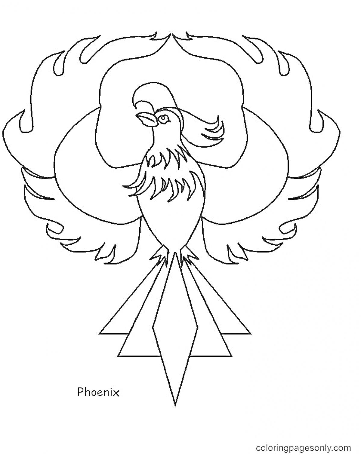 На раскраске изображено: Феникс, Птица, Крылья, Хвост, Мифические существа