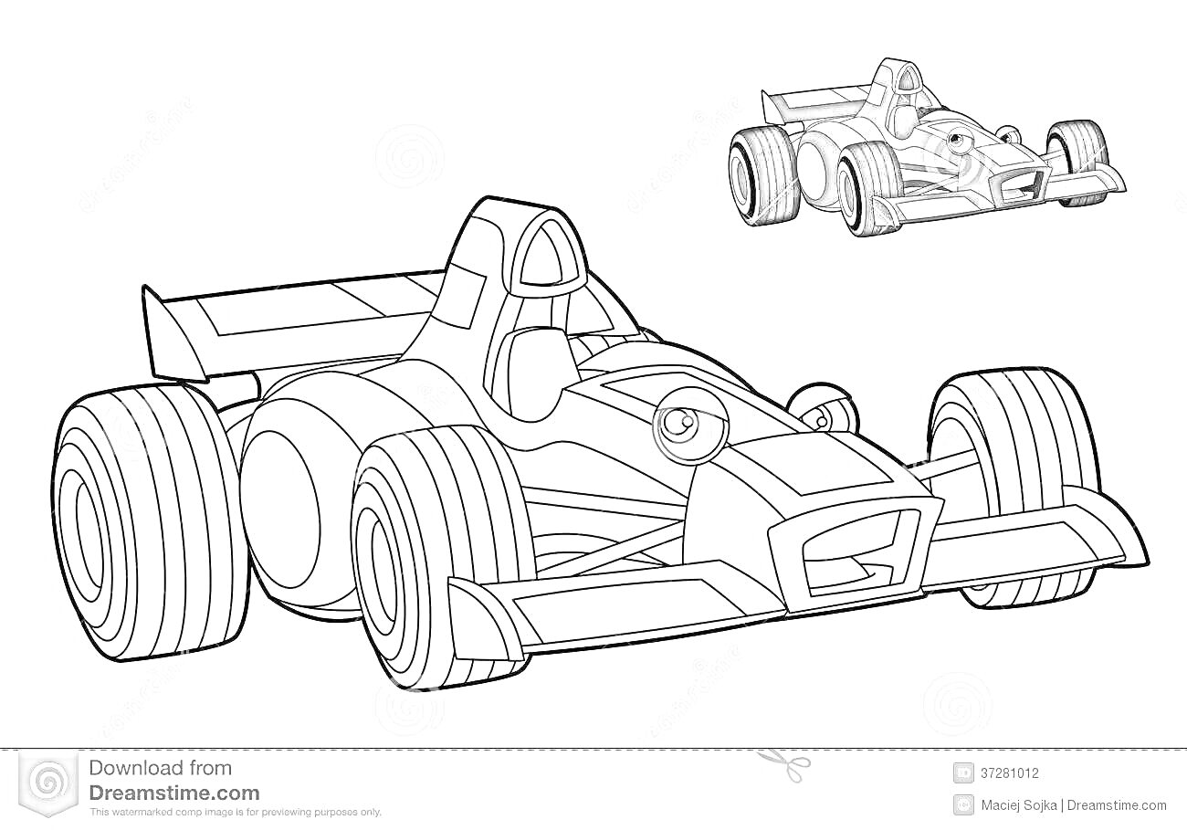 Раскраска Гоночная машина с примером цветного раскрашивания