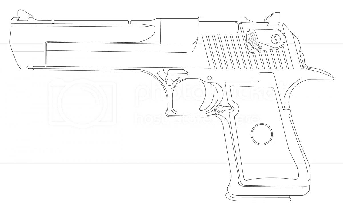 На раскраске изображено: Пистолет, Desert Eagle, Оружие