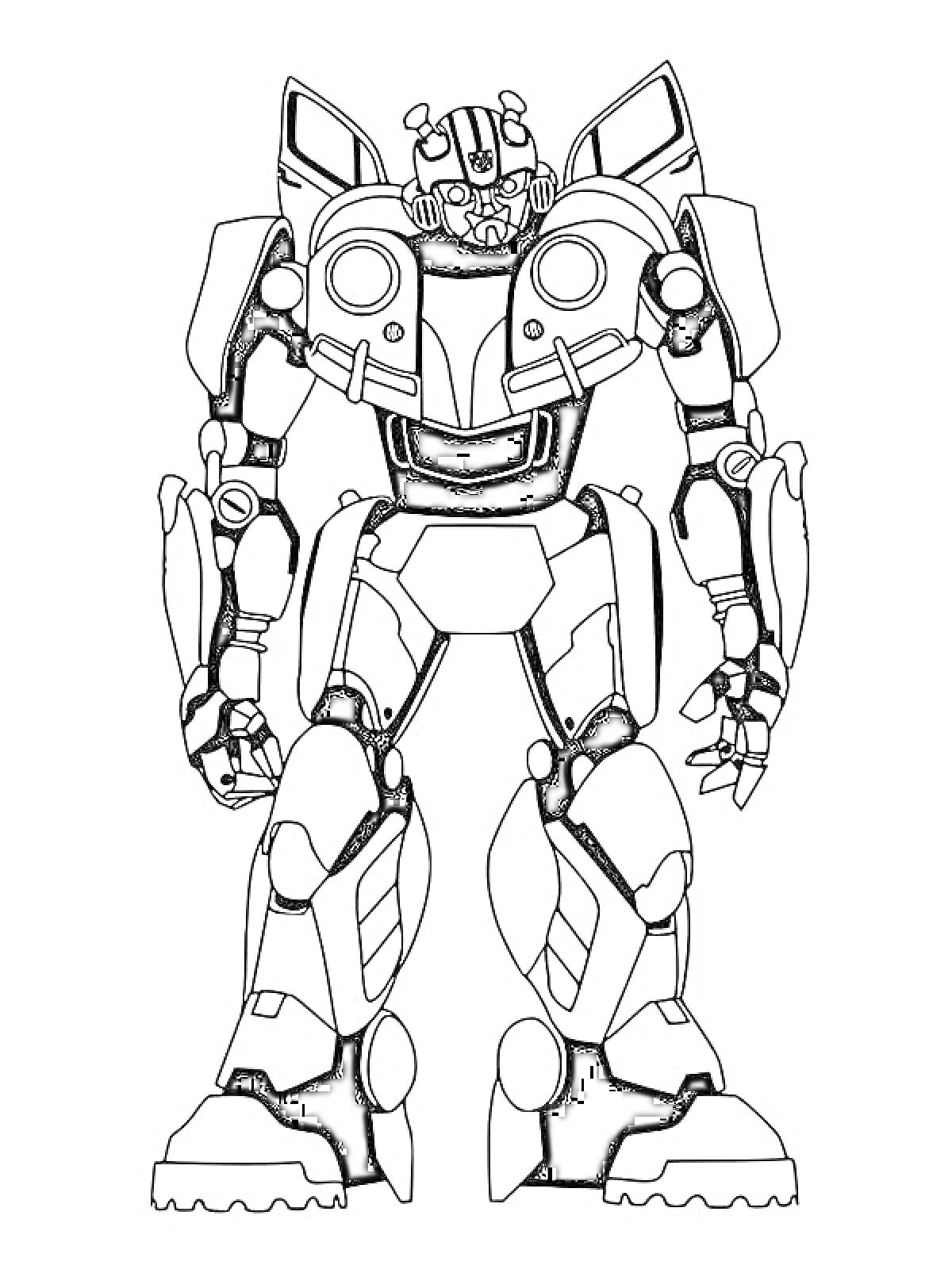Раскраска Раскраска с изображением робота — детализация робота, антенны на голове, большая грудная пластина, бронированные руки, бронированные ноги, крупные ботинки.