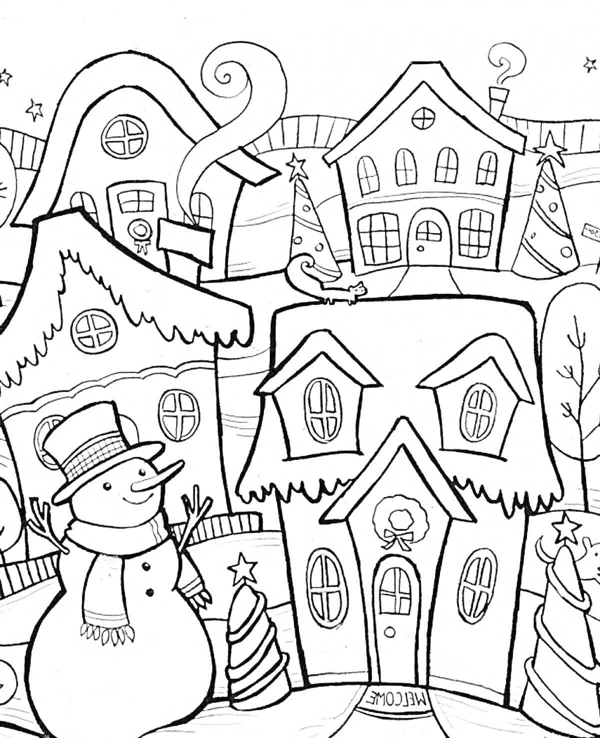 Раскраска Зимний город с домами, ёлками и снеговиком