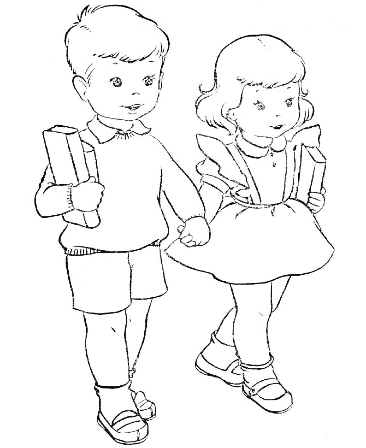 Раскраска Дети держатся за руки с книгами