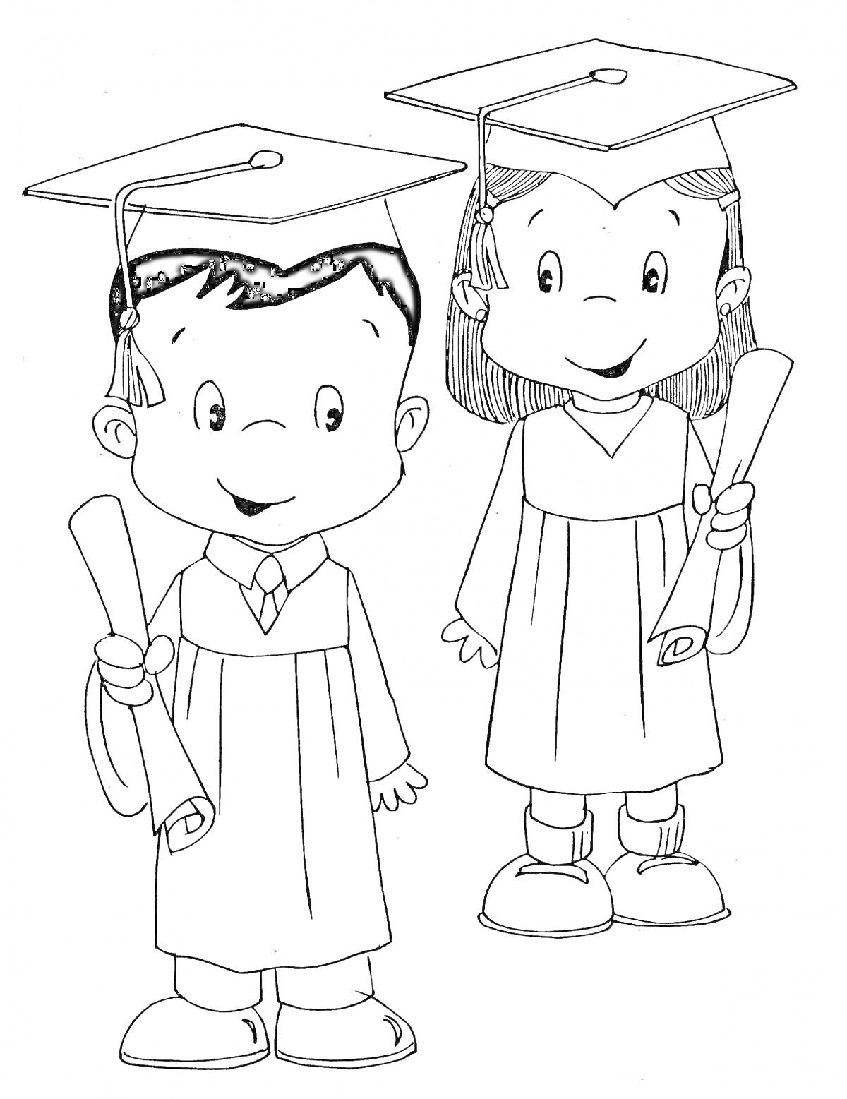 На раскраске изображено: Студенты, День студента, Диплом, Академическая шапочка, Мантия, Мальчик, Девочка, Образование