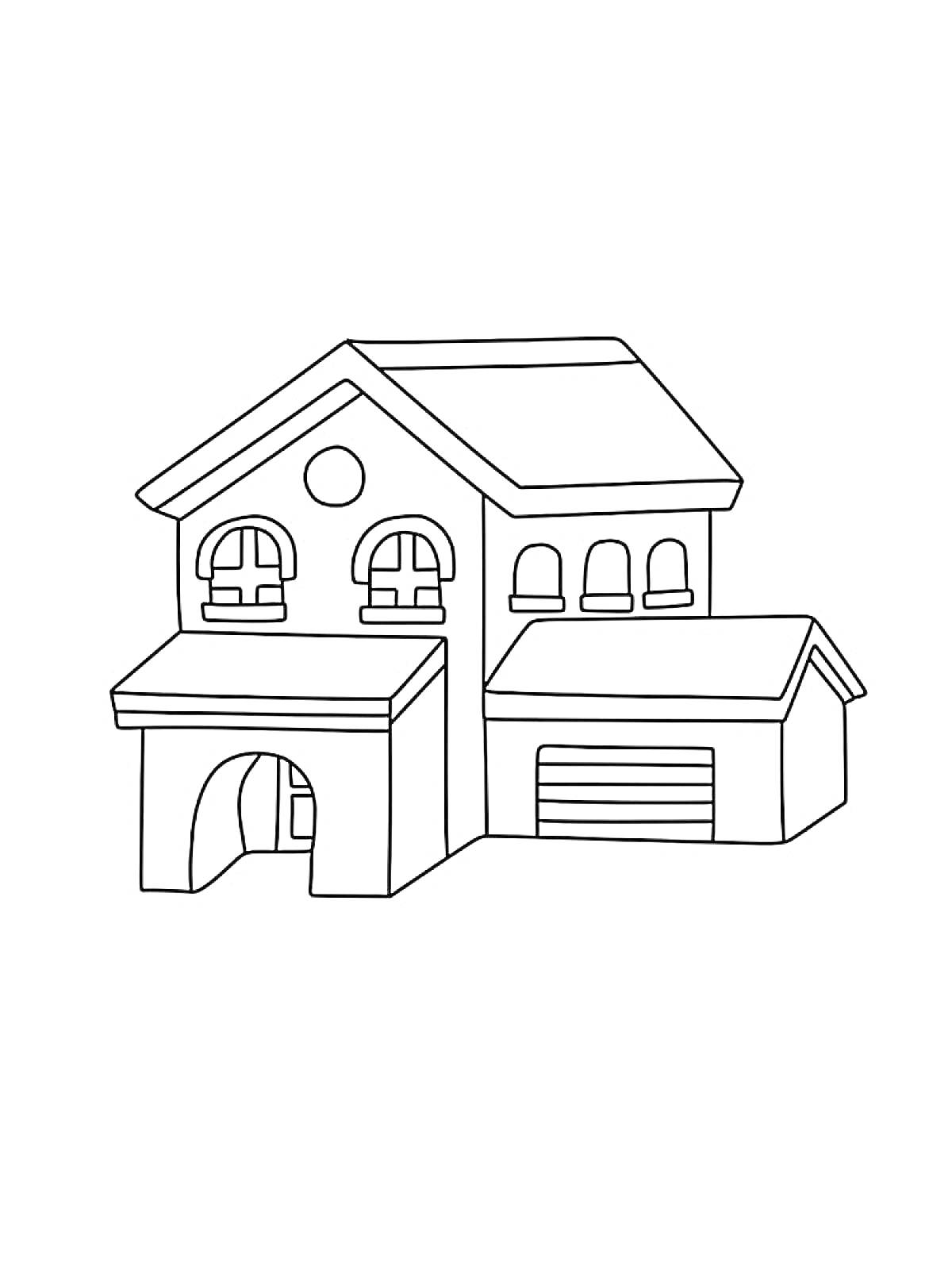 На раскраске изображено: Дом, Окна, Гараж, Крыша, Архитектура, Арка, Двухэтажный дом
