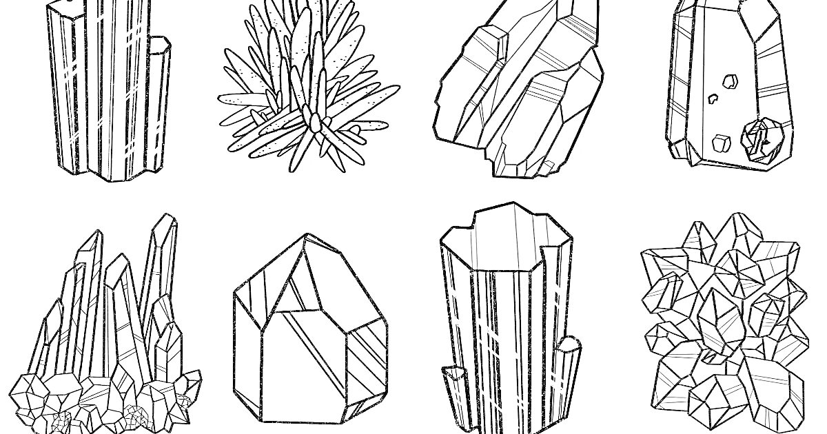 Раскраска Виды минералов и кристаллов: чертеж восьми различных типов кристаллических структур