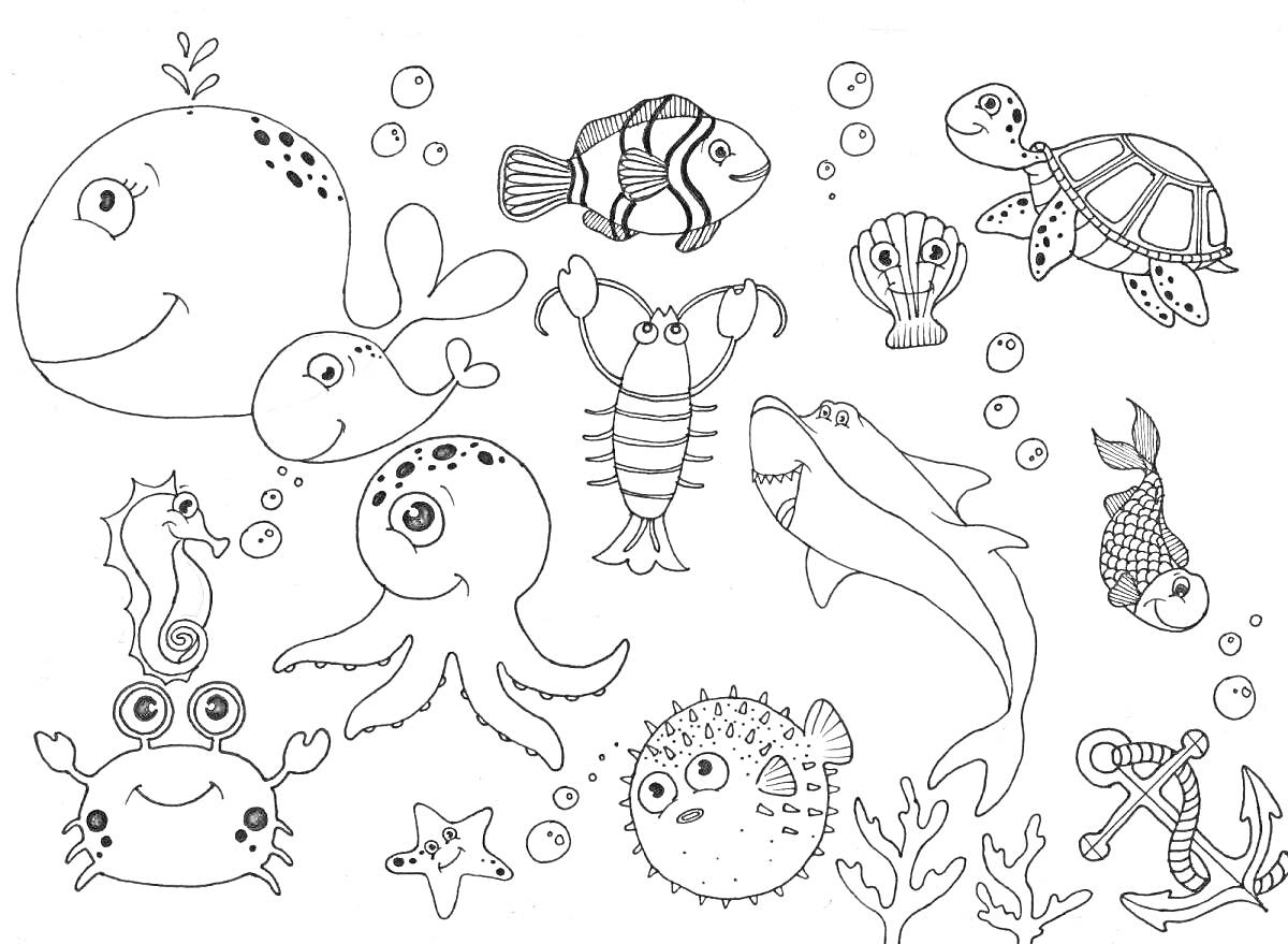 Раскраска Морские животные с рисунками кита, рыб, краба, морской звезды, осьминога, морского конька, дельфина, омара, акулы, черепахи, устрицы, морского ежа и якоря на морском дне.