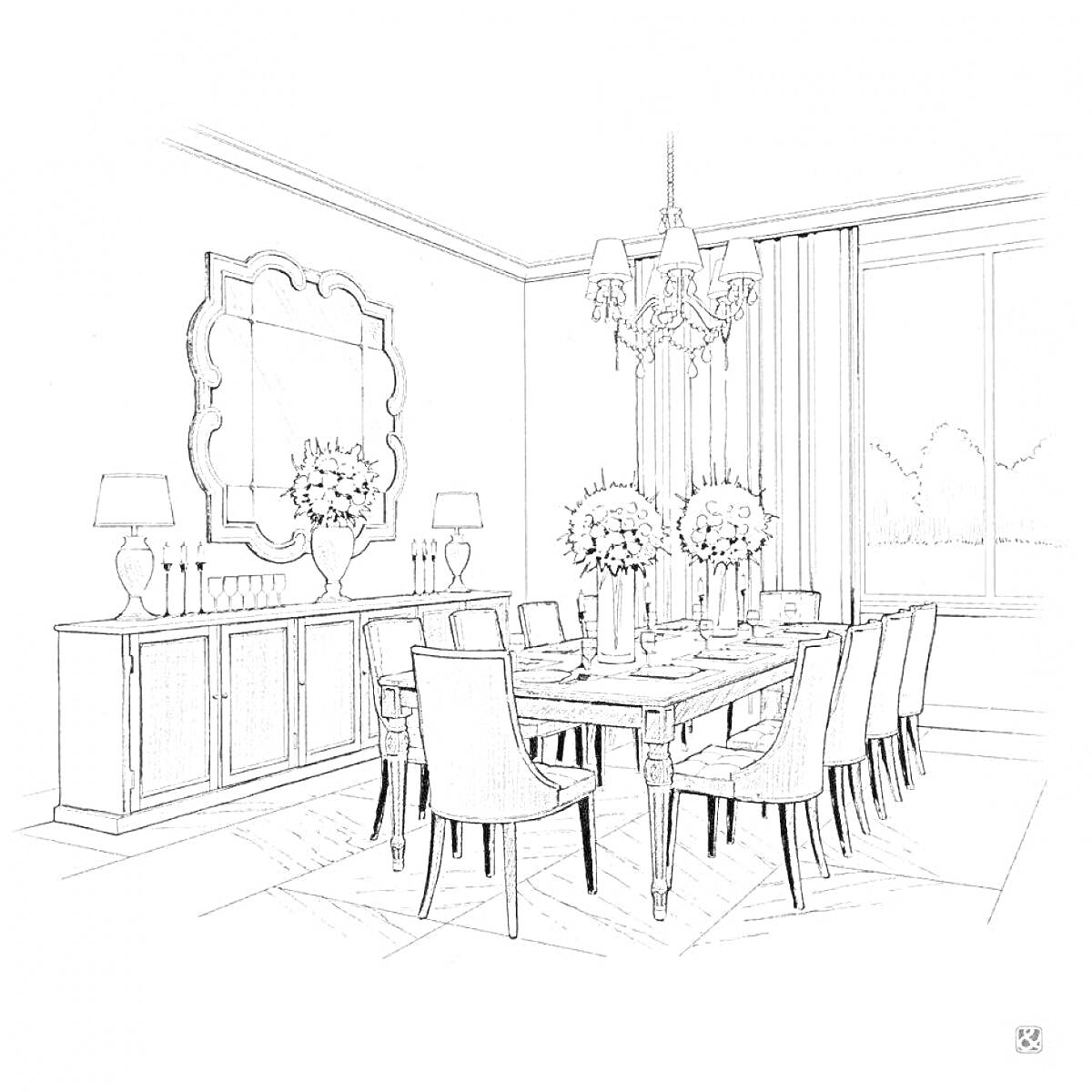 На раскраске изображено: Столовая, Обеденный стол, Люстра, Комод, Цветы, Окна, Декор