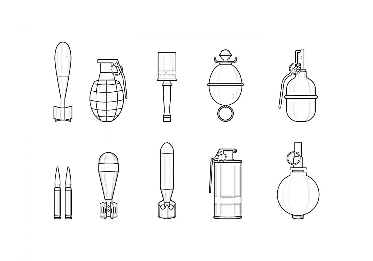 Раскраска Различные виды мин и гранат, в том числе ручные гранаты, противопехотные мины, охотничьи мины, боеприпасы и зажигательные устройства
