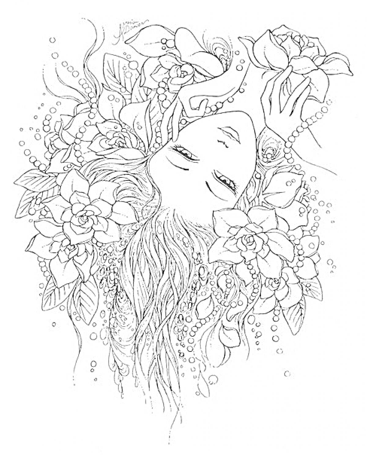 Раскраска Девушка с цветами в волосах