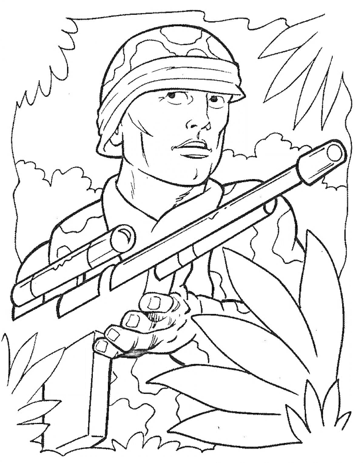 Раскраска Солдат в камуфляже с винтовкой среди листвы.