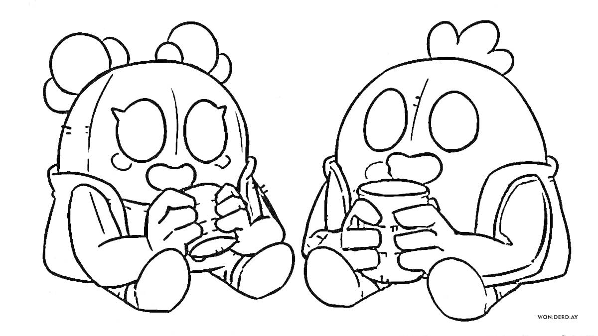 Раскраска Два персонажа из Brawl Stars (Спайк и Спайк Лоллипоп) сидят и пьют из банок