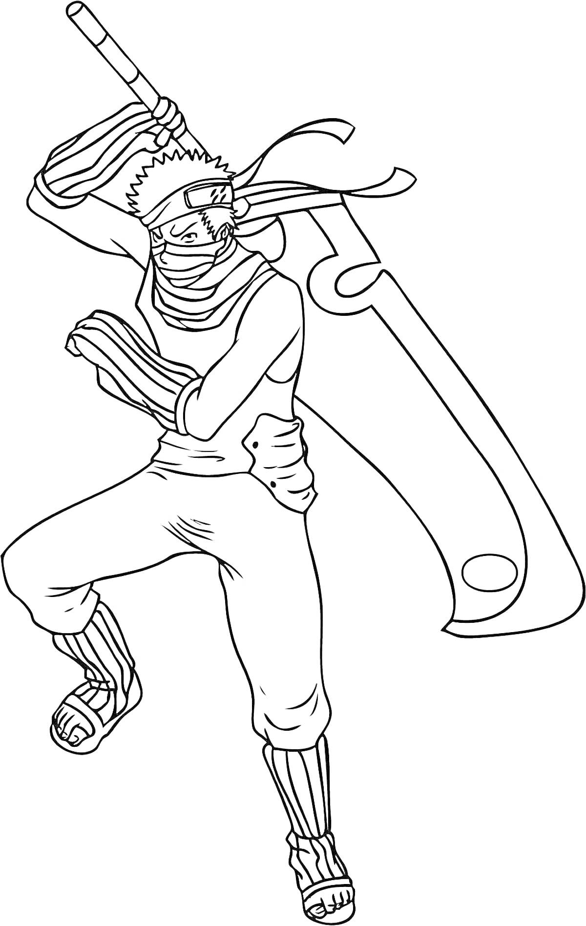 Раскраска Наруто персонаж с большим мечом на плече, повязкой на голове, повязкой на лице и открытыми сандалиями