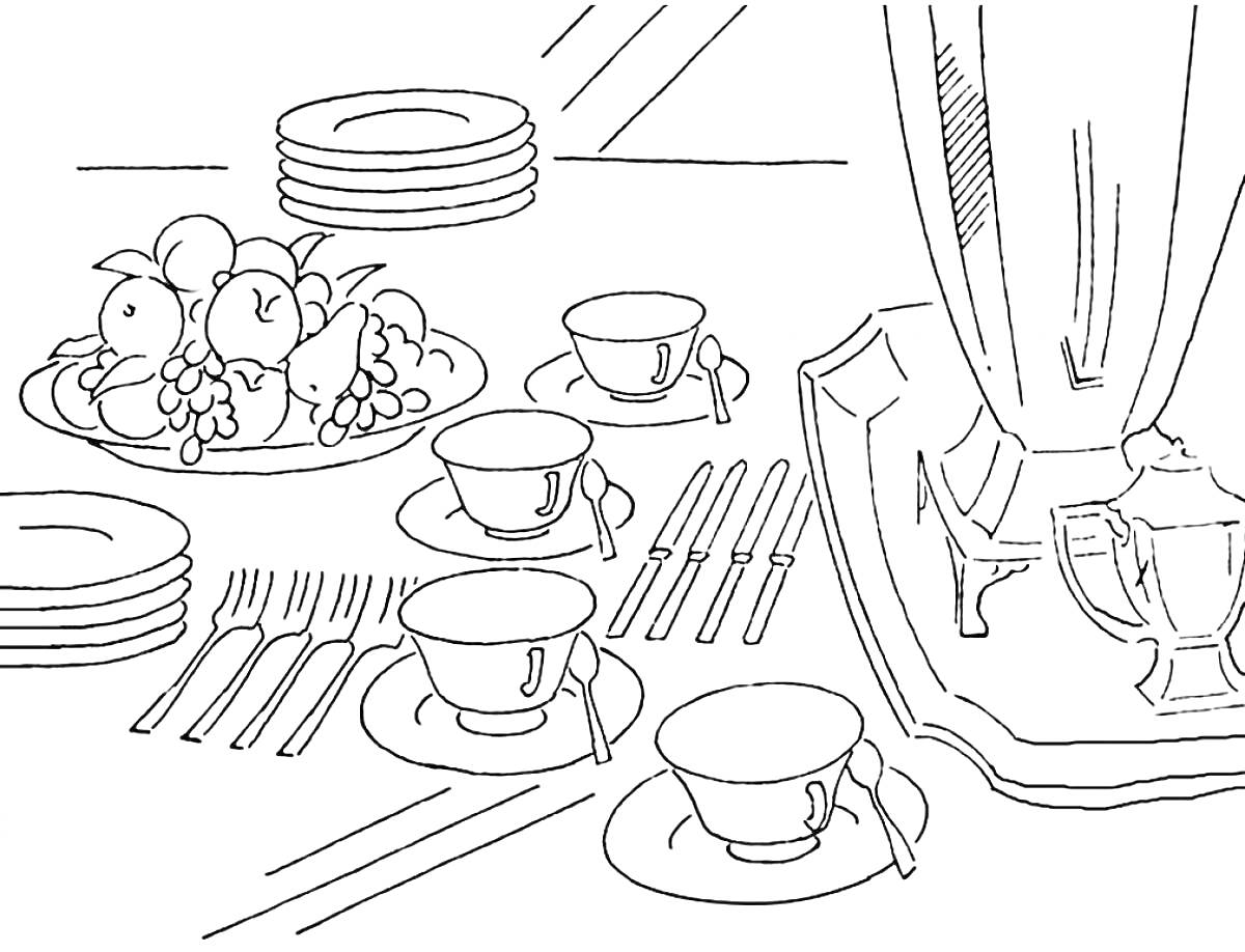 Раскраска Чайный сервиз и фрукты на столе