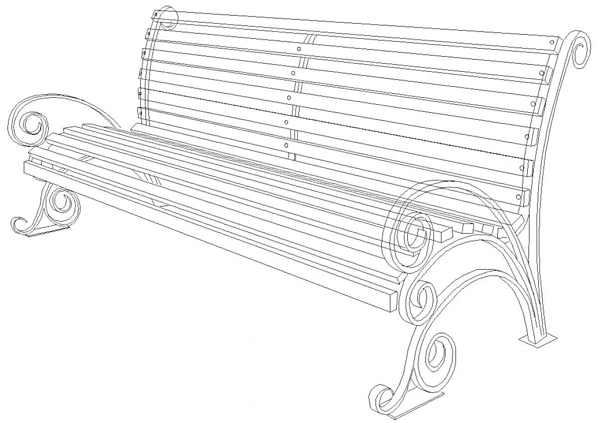 Раскраска Скамейка с декоративными завитками, вид сбоку, скамейка с деревянными планками и металлическими ножками