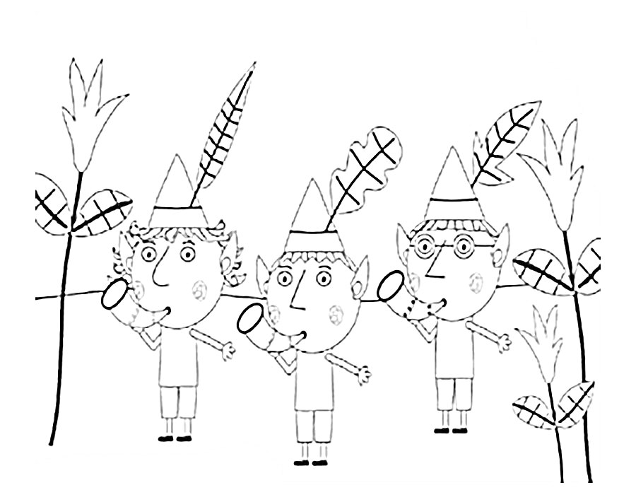 На раскраске изображено: Бен и Холли, Листья, Растения, Лес, Из сказок, Эльфы, Труба