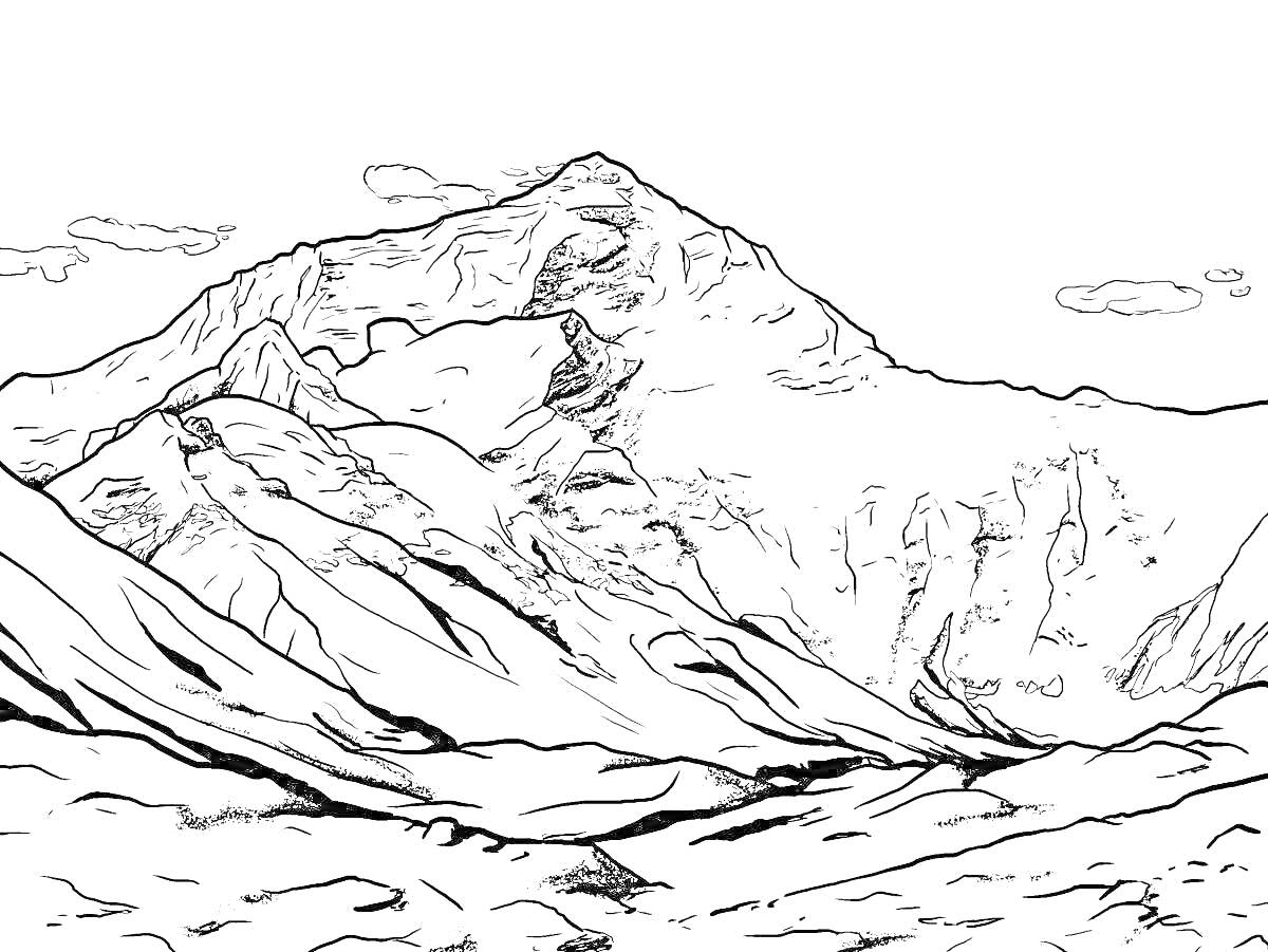 Раскраска Гора Эльбрус с облаками и долиной внизу