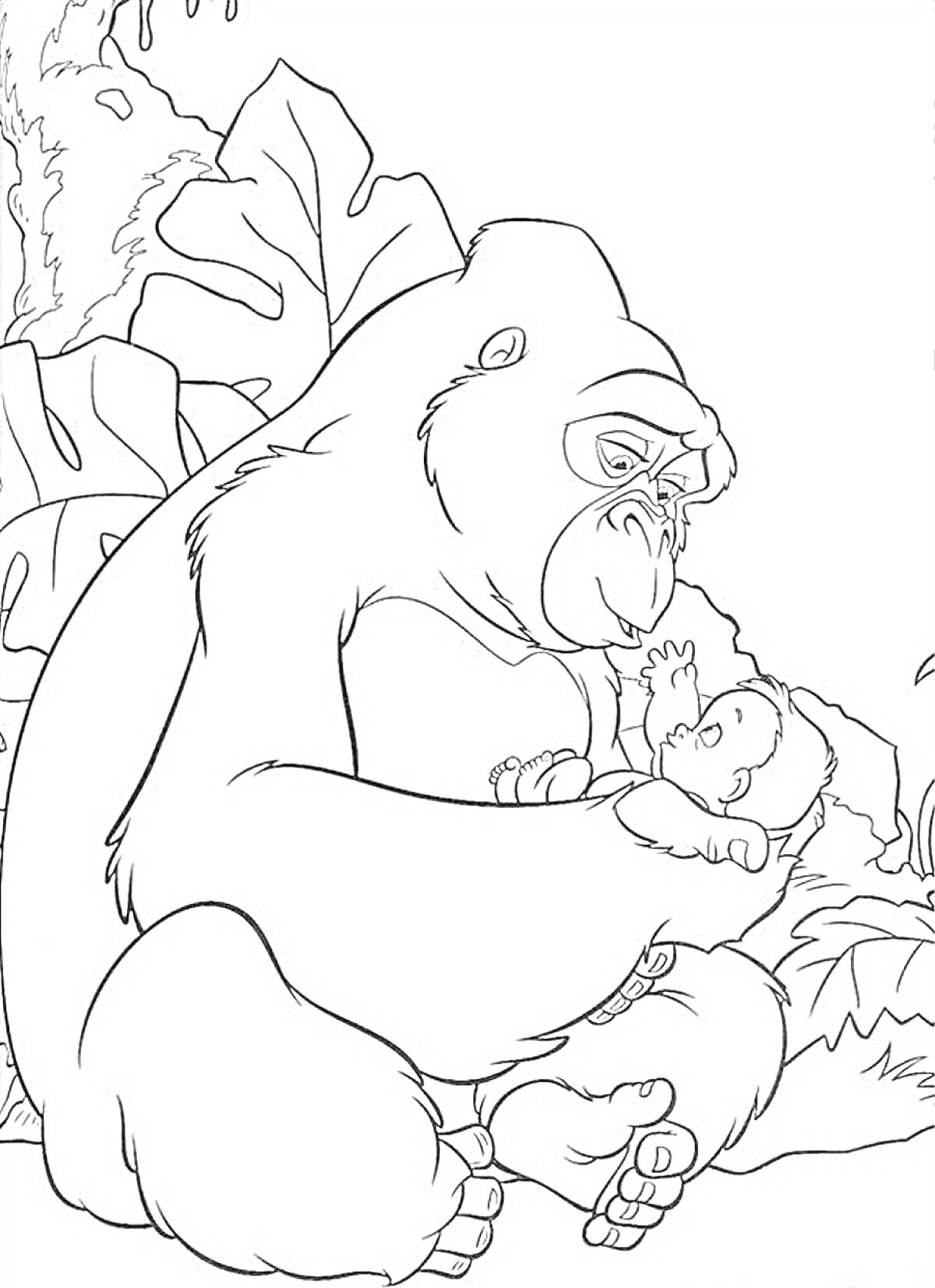 Взрослая горилла с детенышем на фоне джунглей