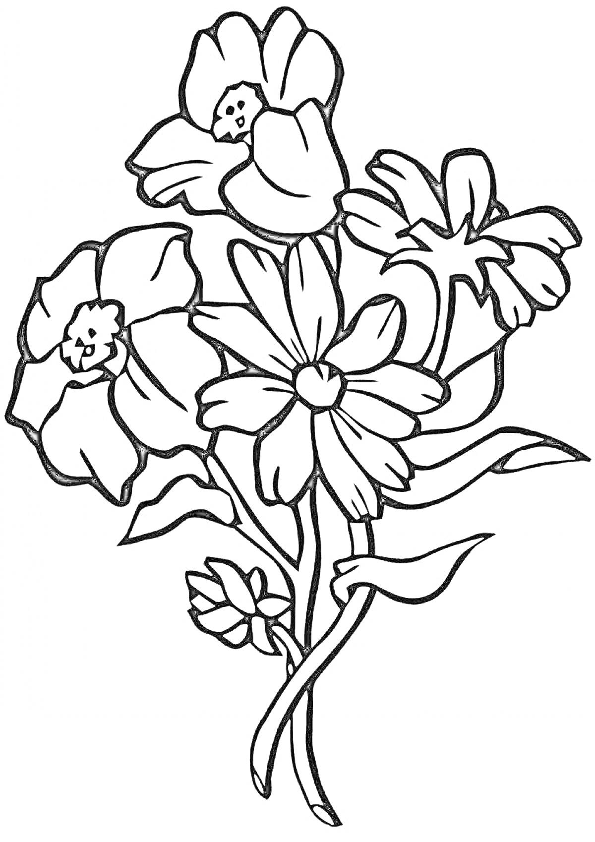 Раскраска Букет цветов с несколькими видами, включая незабудки