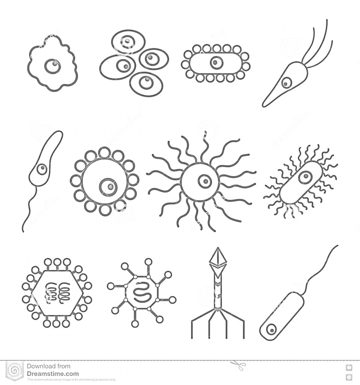 Раскраска Разнообразные вирусы и бактерии с глазами и щупальцами
