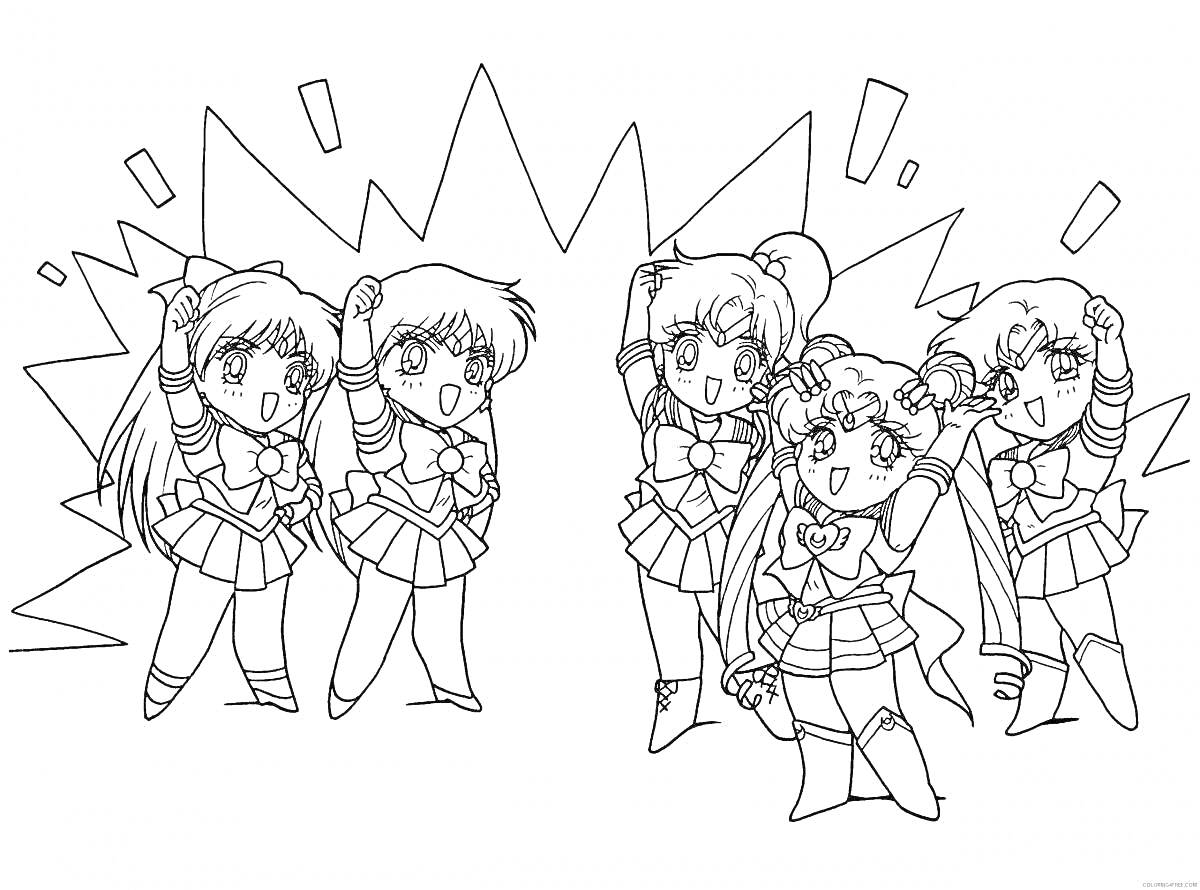 Раскраска Герои в школьной форме с поднятыми руками, пять персонажей