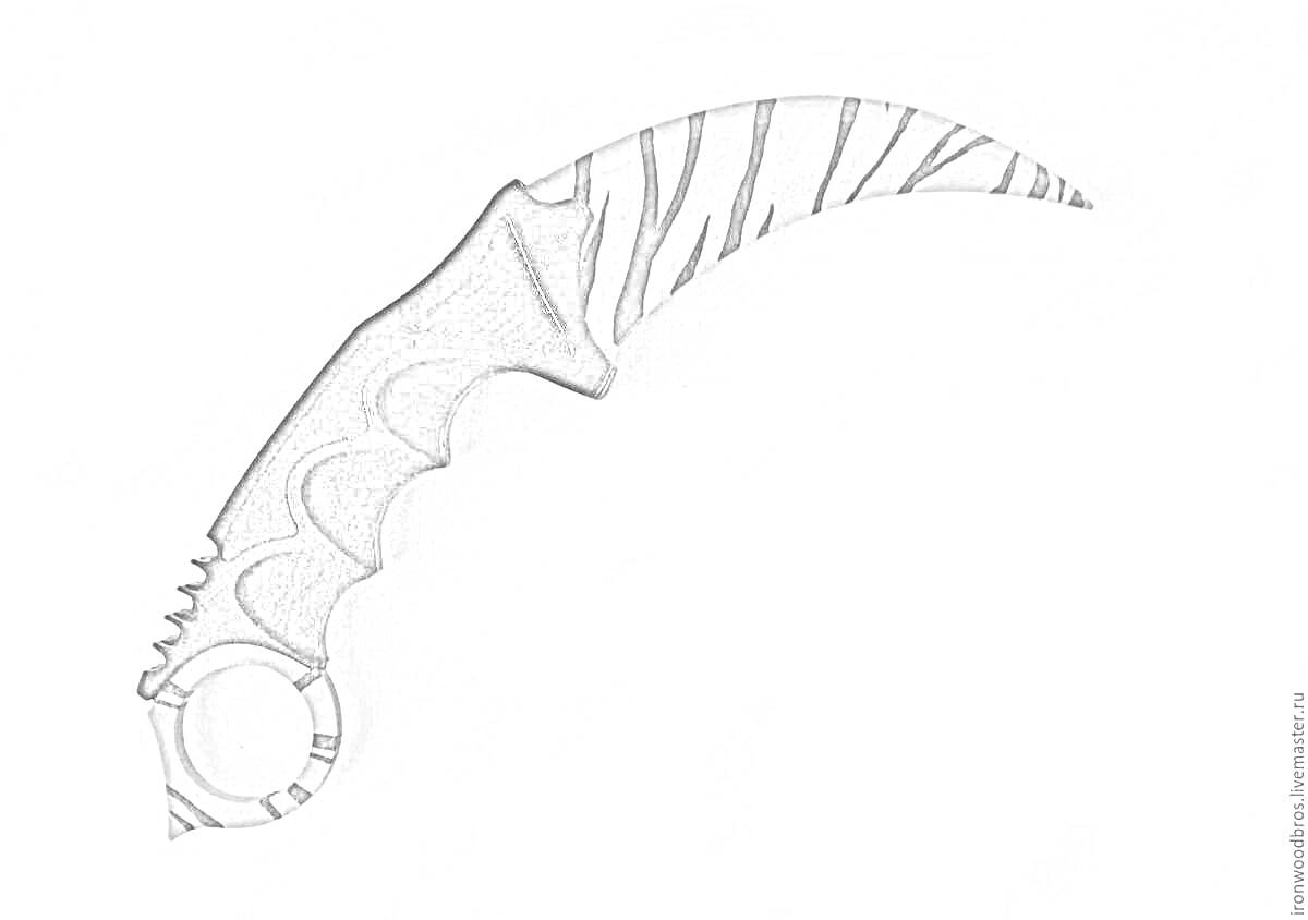 Раскраска Окрашенный керамбит с чёрно-серыми тигровыми полосами на лезвии