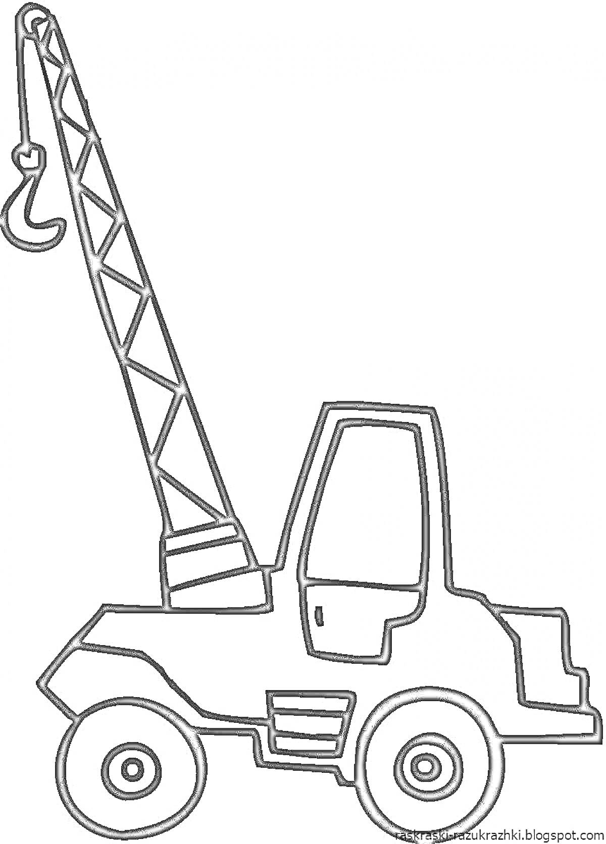Раскраска Автокран с вытянутой стрелой и крюком, на колесах