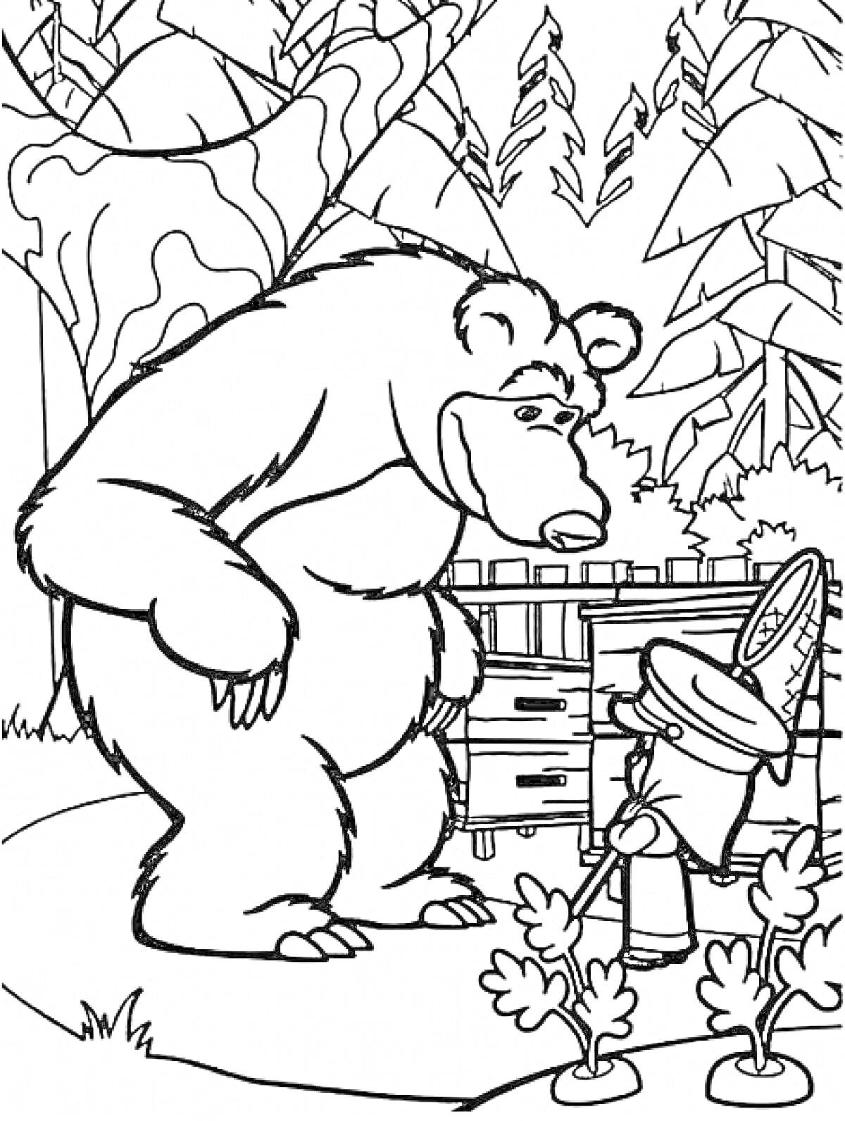 На раскраске изображено: Маша и медведь, Медведь, Маша, Лес, Деревья, Из мультфильмов, Природа
