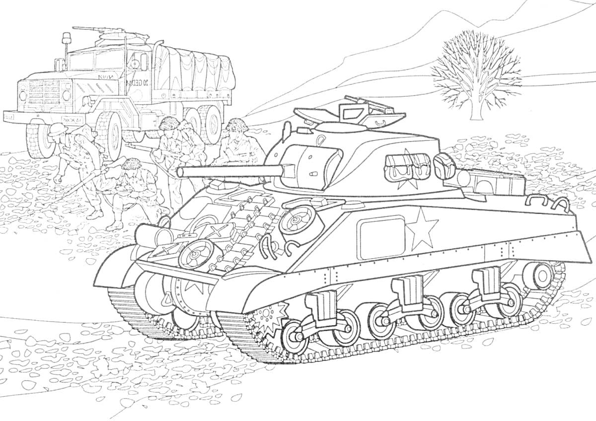 Раскраска Танковый бой с солдатами и грузовиком на фоне деревьев и холмов