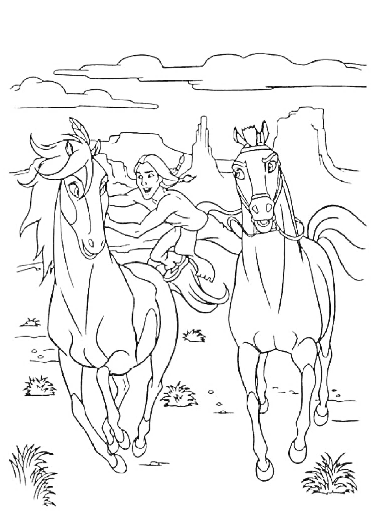 На раскраске изображено: Человек, Лошадь, Скачка, Природа, Горы, Пейзаж, Пустыня, Степь, Алдар Көсе