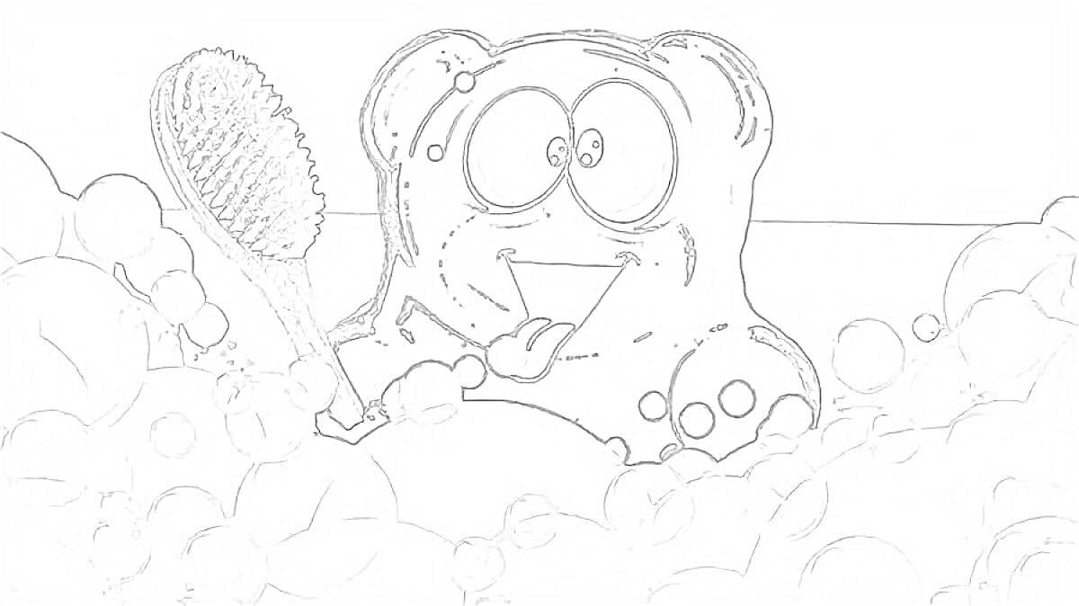 Раскраска Медведь Валера в ванне с пузырьками и щёткой