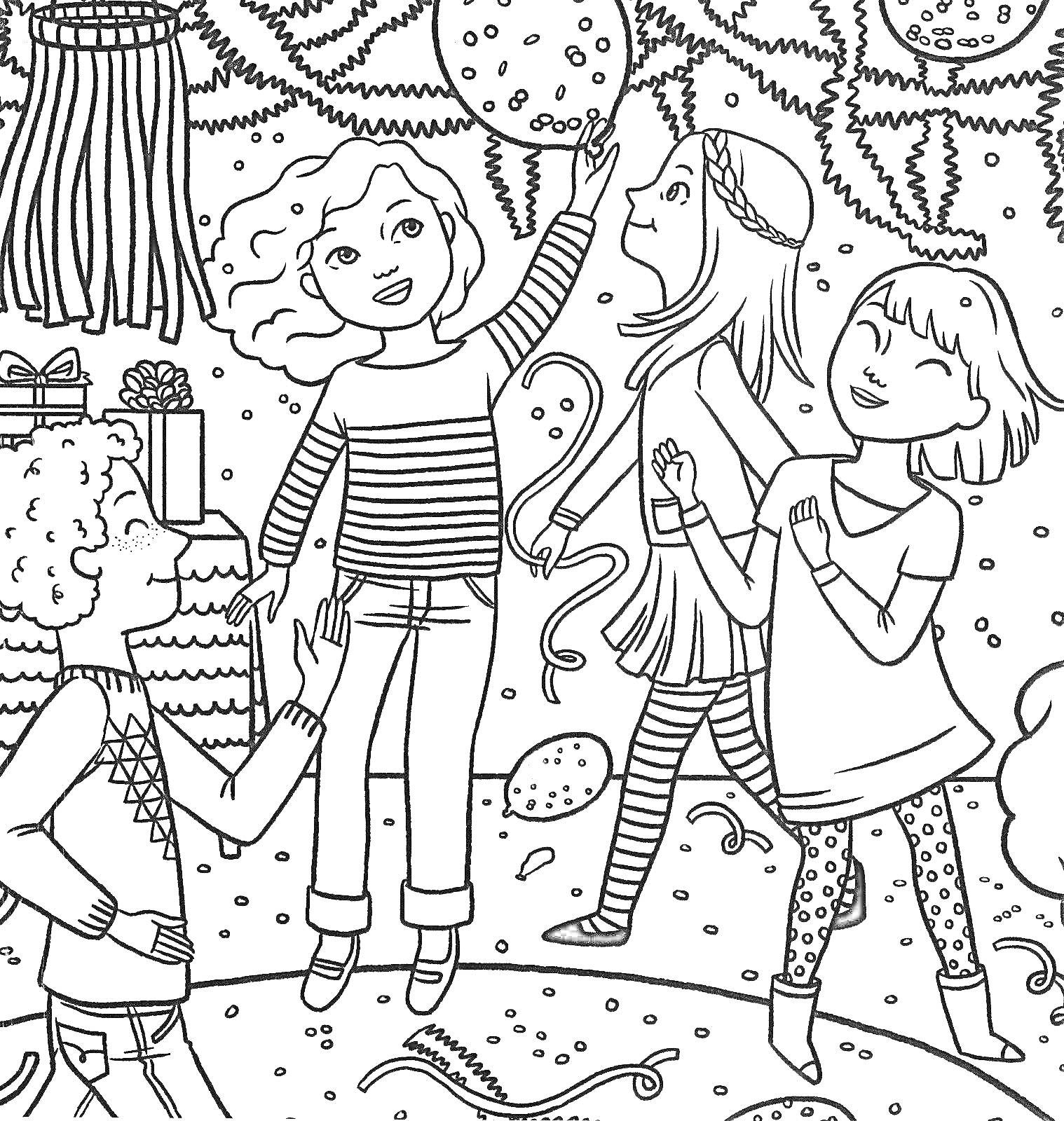 Раскраска Детская вечеринка с детьми, танцующими под гирляндами среди шариков и подарков