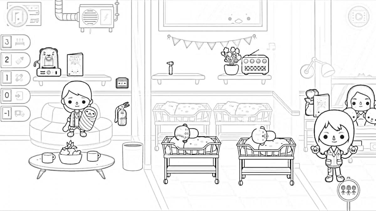 Раскраска Комната новорождённых в больнице - Зона для сидения с диваном и приборами, три кроватки с новорождёнными, стол для пеленания, медицинские приборы, растения на полке